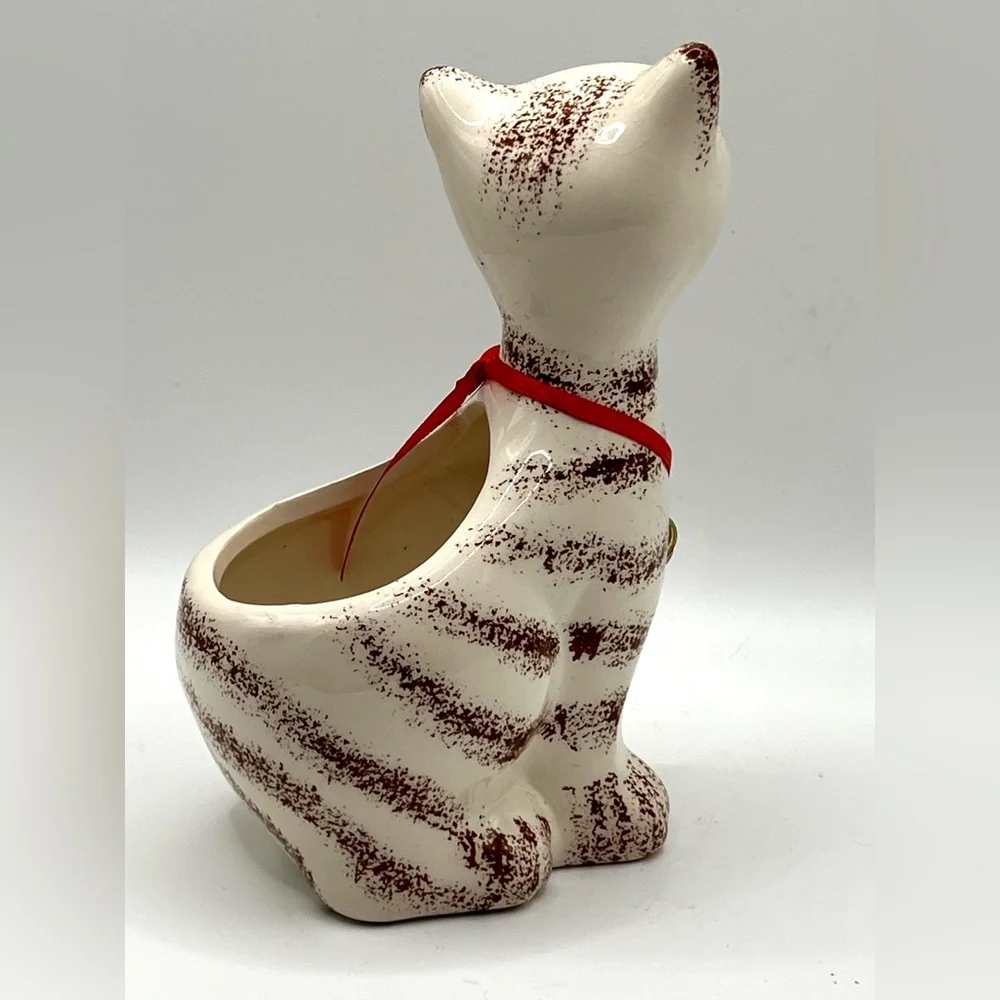 Vintage Ceramic Hand Painted White Striped Cat Close Eyes Planter Red Bow 6 in